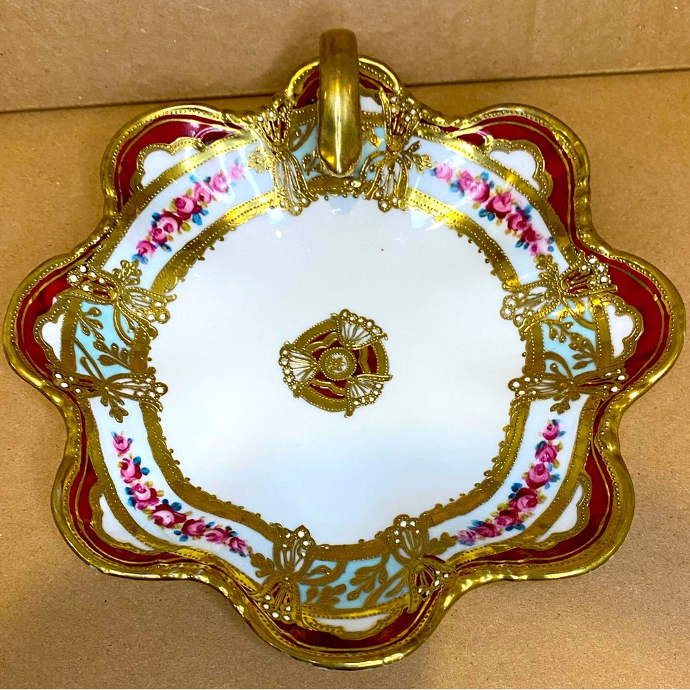 EUC Antique Noritake Nippon RC Porcelain Dish with a Curled Handle Red Gold